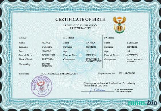 South Africa narodziny certyfikat PSD szablon